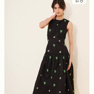 Anthropologie Black Midi Dress with Green Floral Accents